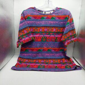 Dimanche Vintage 80's Womens Shirt Size Small Multi-colored Short Sleeve Geometr